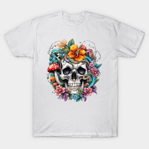 Skull with Colorful Flowers T-Shirt by silviaol